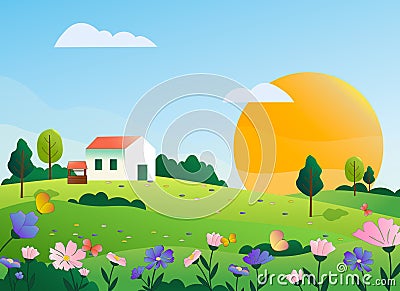 Landscape with a rural house and a well in a flower meadow. Blue sky and sun, trees and flowers. Vector Illustration