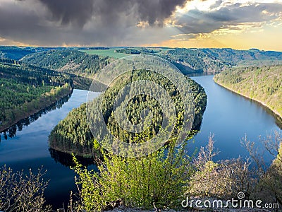 landscape with Saale loop in Thuringia Stock Photo