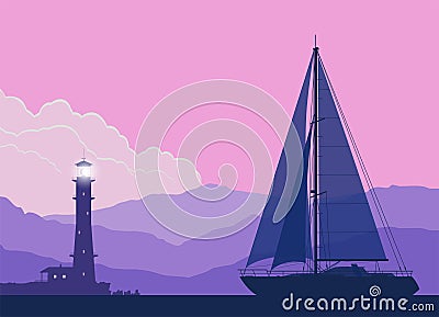 Landscape with sailing yacht at sunset. Vector Vector Illustration