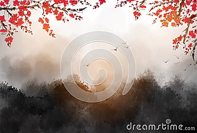 Landscape with sakura flowers, misty forest mountains and flock of swallow birds in the sky. Traditional oriental ink Vector Illustration