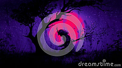 Landscape with samurai sitting at night in a field under a tree against the background of a pink moon. Stock Photo