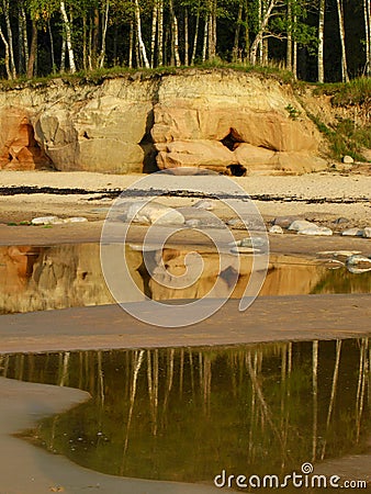 Sandstone cliffs on the seashore, beautiful reflections in the water Stock Photo