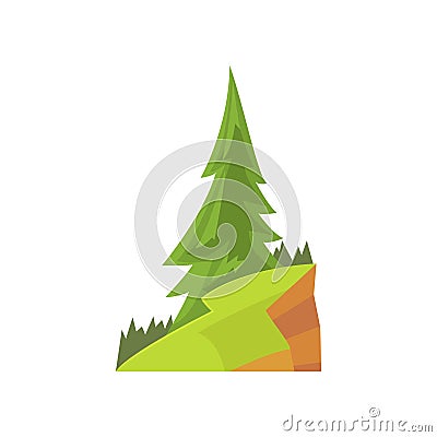 Landscape scene with fir tree and green grass on the hill. Colorful forest nature design element for infographic, game Vector Illustration