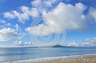 Landscape Scenery of Milford Beach Auckland New Zealand; View to Rangitoto Island during Sunny Day; Nice Clouds Formation Stock Photo