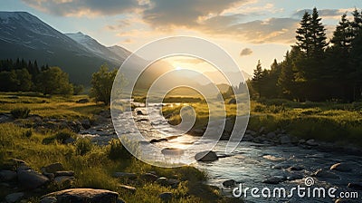 Stunning Sunset River In The Mountains: A Cryengine Inspired Uhd Landscape Stock Photo