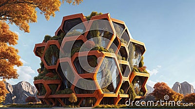 The Hive - brutalist building with hexagonal-pattern and lush vegetation façade - Generative AI Illustratio Stock Photo
