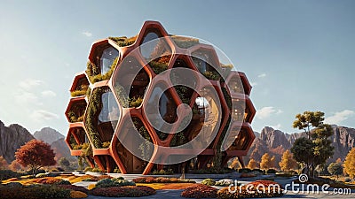 The Hive - brutalist building with hexagonal-pattern and lush vegetation façade - Generative AI Illustratio Stock Photo