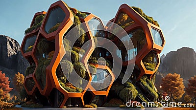 The Hive - brutalist building with hexagonal-pattern and lush vegetation façade - Generative AI Illustratio Stock Photo