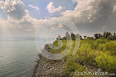 Landscape of Sea of Galilee Kinneret near Capernaum, Israel Stock Photo