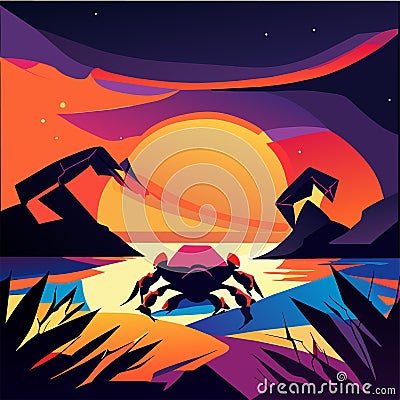 Landscape of the sea at sunset. Seascape with a crab. Vector illustration generative AI Vector Illustration