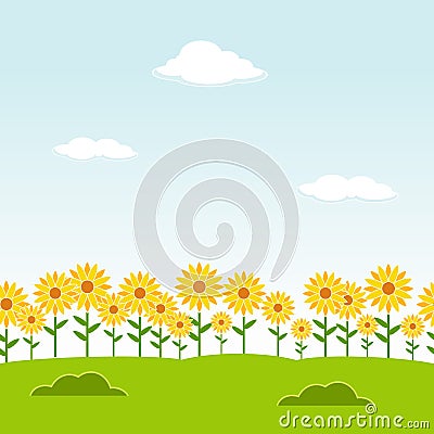 Landscape seamless background. Garden seamless background. Sunflower garden background. Flower landscape background. Clear day lan Vector Illustration