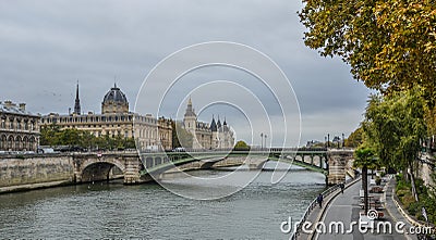Landscape of Seine River with old bridges Stock Photo