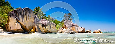 Landscape Seychelles lagoon with clean sand horizontal background Stock Photo