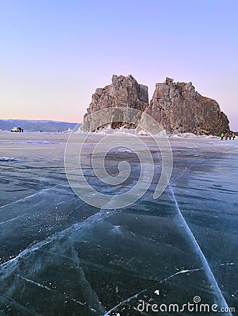 Landscape. Shaman Rock And Cape Burkhan in winter On the Island of Olkhon, around the ice Russia Stock Photo