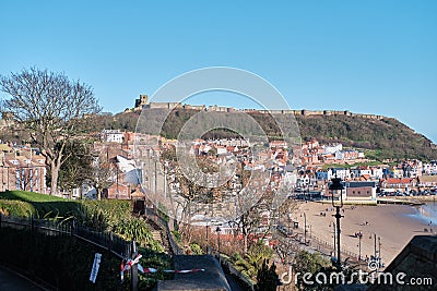 Landscape shot of scarborough beach front looking over the roof tops Editorial Stock Photo