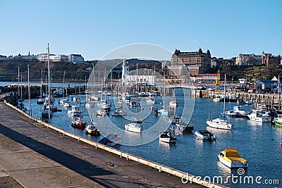 Landscape shot of scarborough docks looking towards the beach Editorial Stock Photo