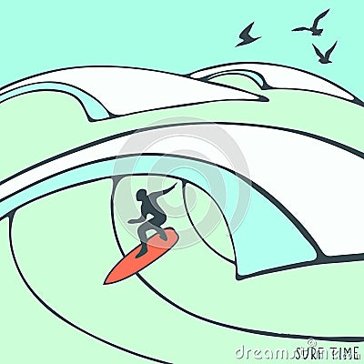 A landscape with a silhouette of man on a surfboard with large storm waves is covered with the inscription `surf time`. Vector Illustration