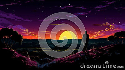 Psychedelic Sunset: A Romantic Landscape In Neogeo Style Cartoon Illustration