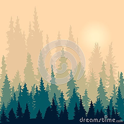 Landscape with silhouettes of fir-trees Vector Illustration