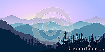 Landscape with silhouettes of mountains and forest at sunrise. Vector illustration Vector Illustration