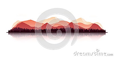 Landscape with silhouettes of mountains, forests, deer, wolf and eagles in autumn colors. Vector Illustration