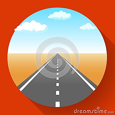 Landscape with sky and clouds, land and asphalt road with marking, empty highway in desert, vector illustration. Vector Illustration