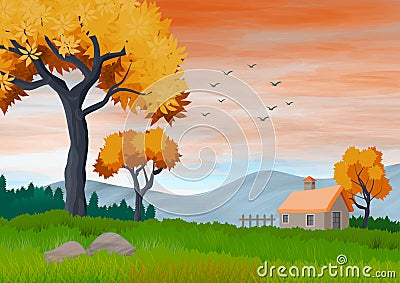 Landscape with sky with clouds, mountains, trees and a small country house. Illustration. Stock Photo