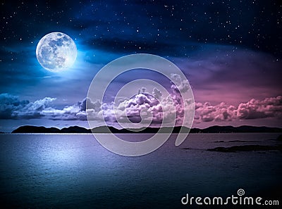 Landscape of sky with full moon on seascape to night. Serenity nature Stock Photo