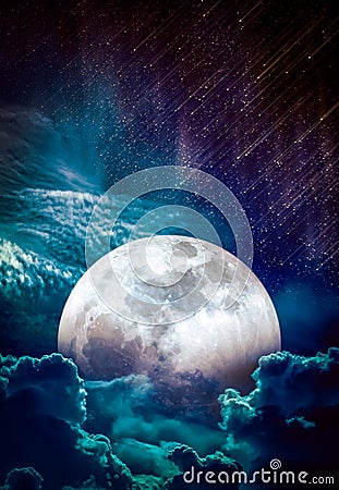 Landscape of sky with supermoon, many stars and meteor shower Stock Photo