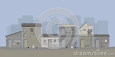 Landscape of slum city or old town slum urban area. Vector Illustration