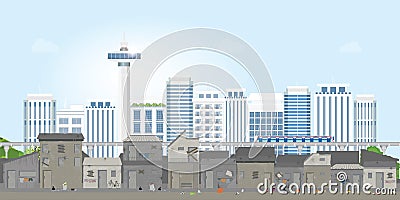 Landscape of slum city or old town slum on urban city landscape with contemporary buildings Vector Illustration