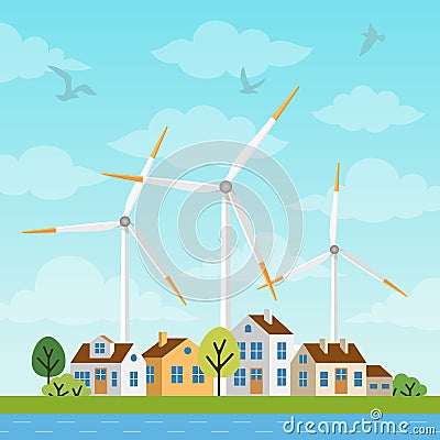 Landscape with small houses and windmills Vector Illustration