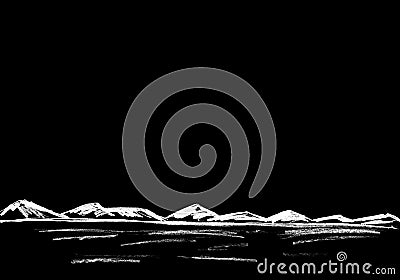 Landscape with small mountains on the horizon in white on a black background Stock Photo