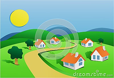 Landscape with small village Vector Illustration