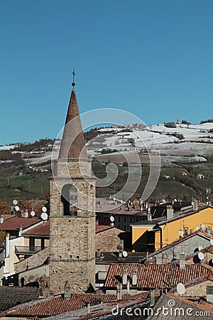 landscape of small village, many houses with antennas on the roofs Stock Photo