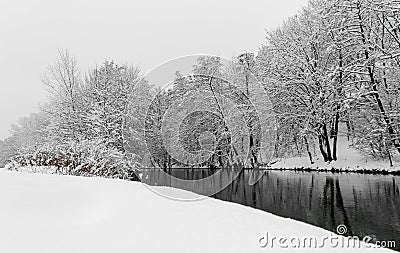 Landscape snow scene-river and trees- Nuremberg, Germany- river Pegnitz Stock Photo