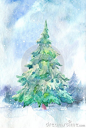 Landscape of a spruce and snow.Winter forest. Cartoon Illustration