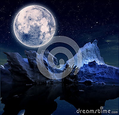 Landscape with starry night and a full moon Stock Photo