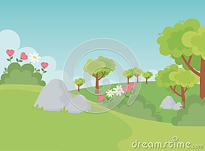 Landscape stones trees flowers field nature greenery scene Vector Illustration