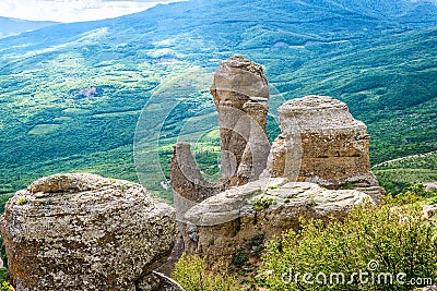 Landscape with stones of the Valley of Ghosts on Demerdji mountain, Crimea Stock Photo