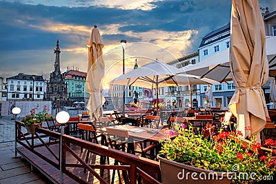 Street cafe on main square in historic centre of Olomouc town. Czech Republic Stock Photo