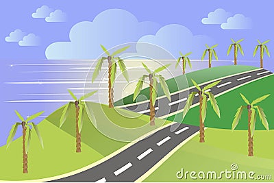 Landscape in the summer. Green hills, a grey asphalt road, blue sky, clouds, sea, palm trees. Modern flat design Vector Illustration