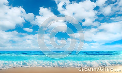 Landscape, summer tropical beach. Azure sea, ocean, waves, surf, blue sky with cumulus clouds, ,sand. Design concept for travel, Stock Photo