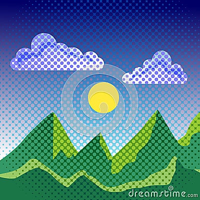 Landscape with sun mountains and blue sky in comic cartoon style Vector Illustration