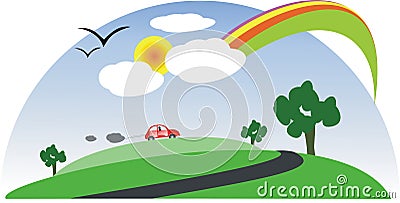 Landscape with Sun, rainbow, car, trees, clouds Vector Illustration