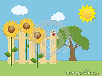 Landscape with sunflowers Vector Illustration