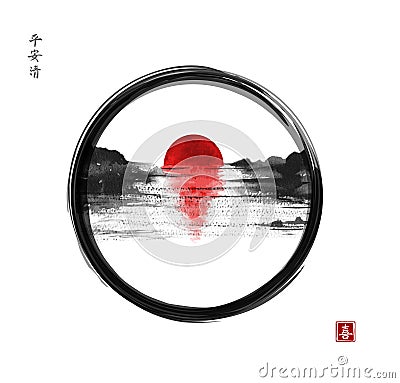 Landscape with sunrise lake view in asian style hand drawn with sumi ink in enso zen circle. Traditional oriental ink Vector Illustration