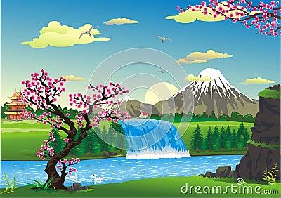 Landscape - sunrise over Japan. Cartoon Illustration