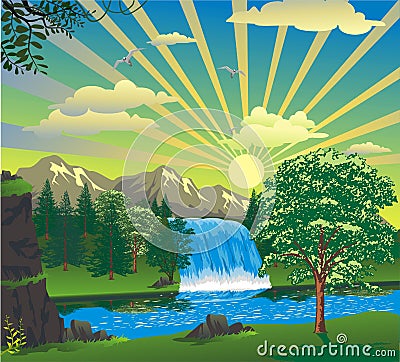 Landscape - sunrise over a waterfall Vector Illustration