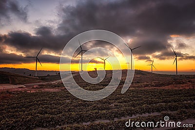Landscape of sunset Khao Kho Windmills in Phetchabun,Thailand. Stock Photo